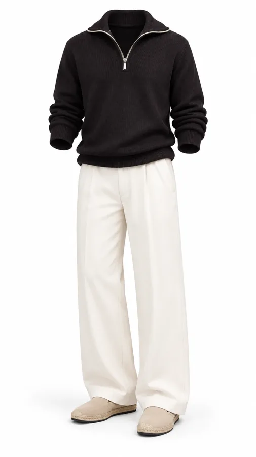 Black half-zip knit and cream trousers