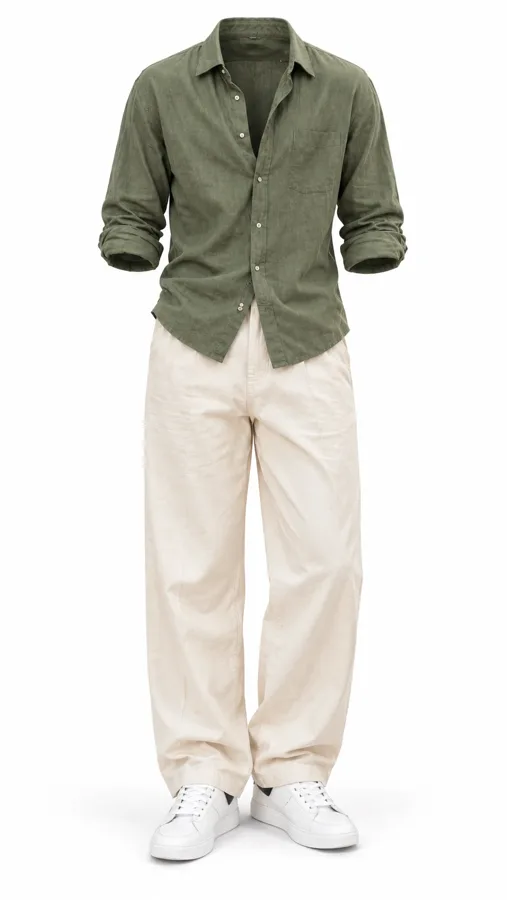 Olive linen shirt and cream trousers