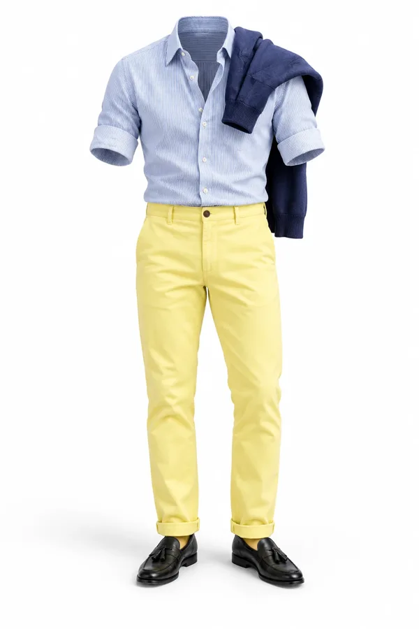 Striped shirt and yellow chinos