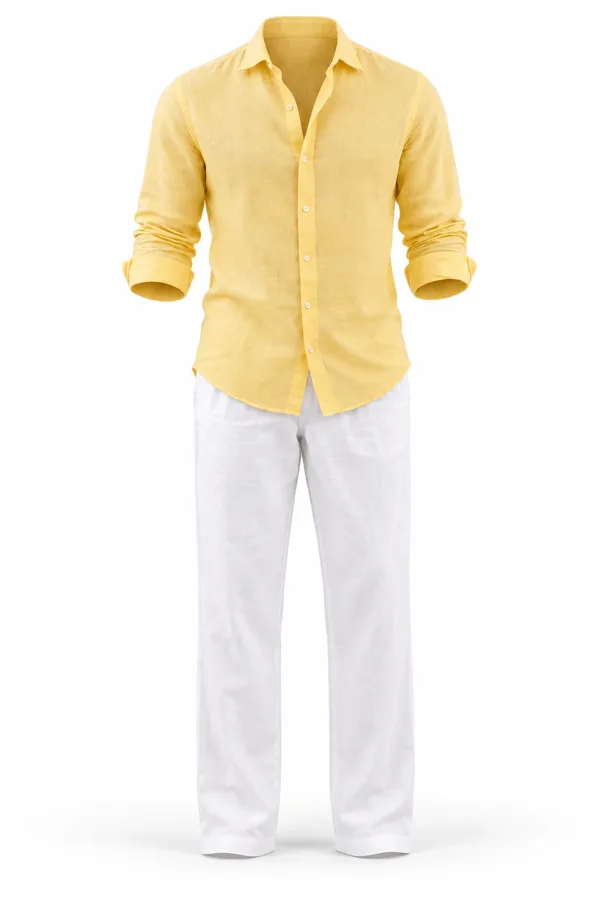 Yellow linen shirt and white trousers